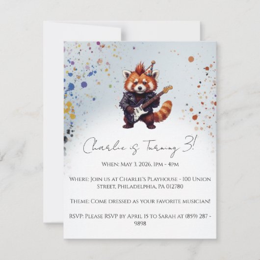 Red Panda Rocker Birthday Invitation (Voorkant)