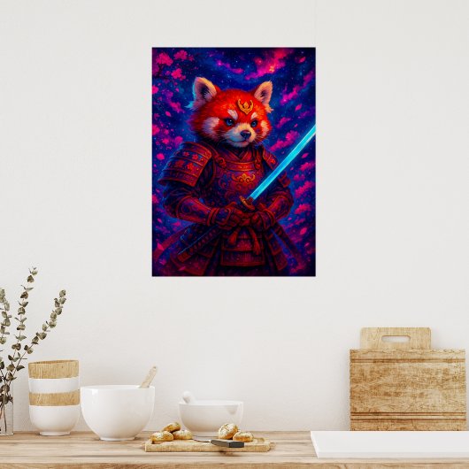 Red Panda Samurai met de gloeiende Katana Fantasy Poster (Keuken)