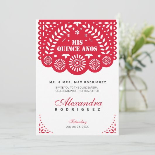 Red Papel Picado Mis Quince Años Kaart (Staand voorkant)