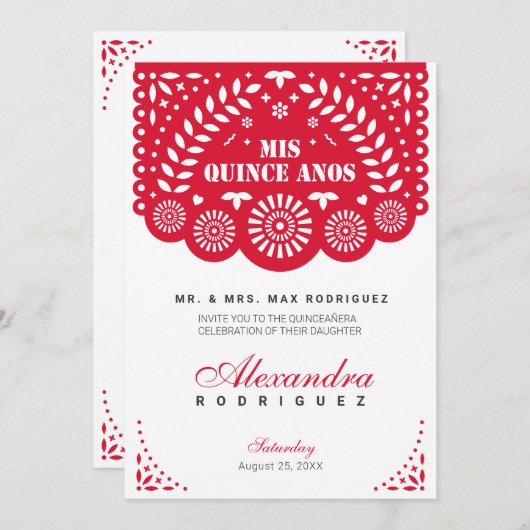 Red Papel Picado Mis Quince Años Kaart (Voorkant / Achterkant)