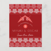 Red Paper Crane Sakura Asian Wedding Save the Date Aankondigingskaart (Voorkant)