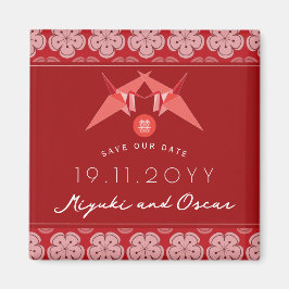 Red Paper Crane Sakura Asian Wedding Save the Date Magneet