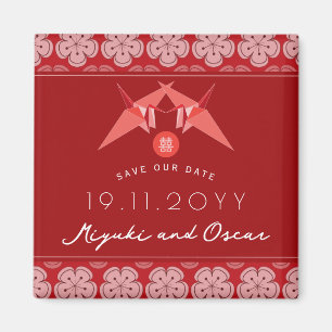 Red Paper Crane Sakura Asian Wedding Save the Date Magneet