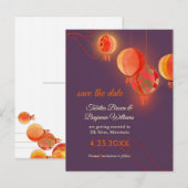 Red Paper Lantern Paars Weddenschap Save the Date Aankondigingskaart (Voorkant / Achterkant)