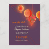 Red Paper Lantern Paars Weddenschap Save the Date Aankondigingskaart (Voorkant)