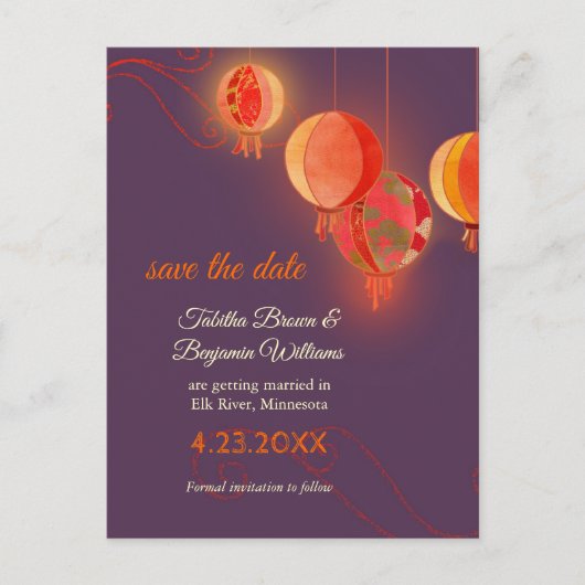 Red Paper Lantern Paars Weddenschap Save the Date Aankondigingskaart (Voorkant)
