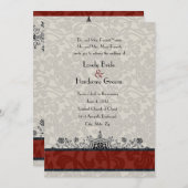 Red Paris Damask Eiffel Tower Wedding Invite Kaart (Voorkant / Achterkant)