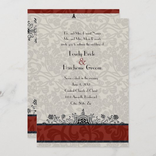 Red Paris Damask Eiffel Tower Wedding Invite Kaart (Voorkant / Achterkant)