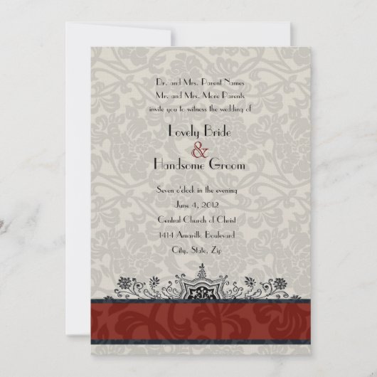 Red Paris Damask Eiffel Tower Wedding Invite Kaart (Voorkant)