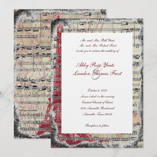 Red Paris Music Wedding Invitations Kaart (Voorkant / Achterkant)