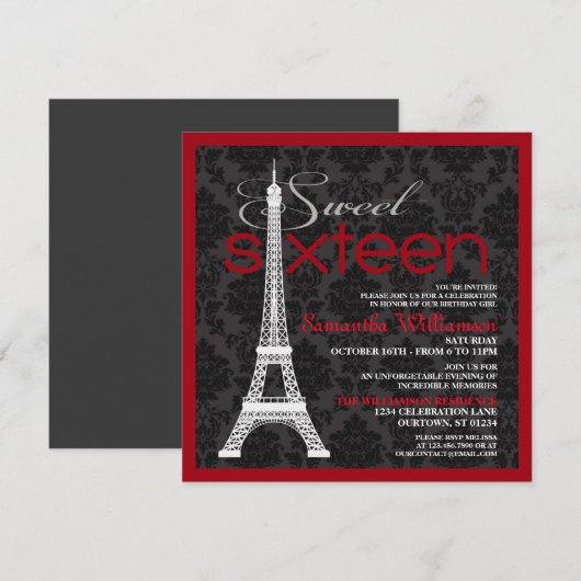 Red Paris Sweet 16 Kaart (Voorkant / Achterkant)
