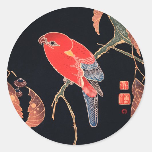 Red Parrot aan de tak van een boom van Ito Jakuchu Ronde Sticker (Voorkant)