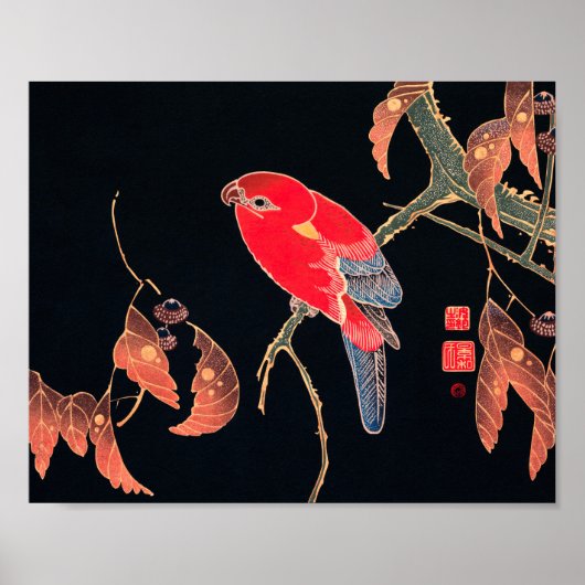 Red Parrot  Bird Japans Woodblock Print (Voorkant)
