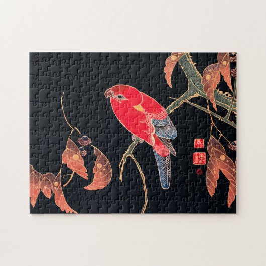 Red Parrot  Bird Japans Woodblock Print Legpuzzel (Horizontaal)