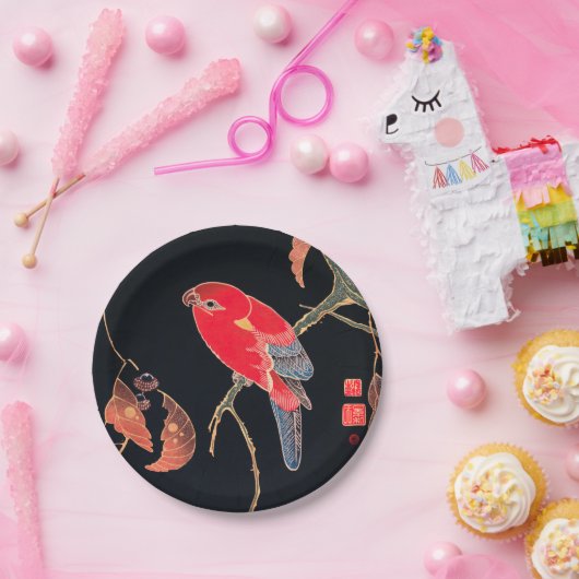 Red Parrot Bird Japans Woodblock Print Papieren Bordje (Feest)