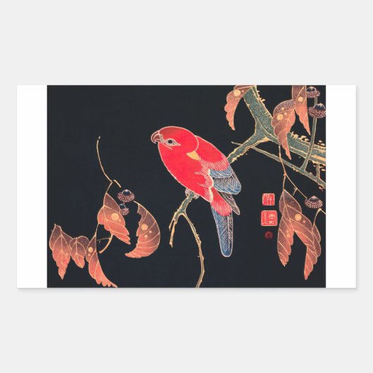 Red Parrot  Bird Japans Woodblock Print Rechthoekige Sticker (Voorkant)