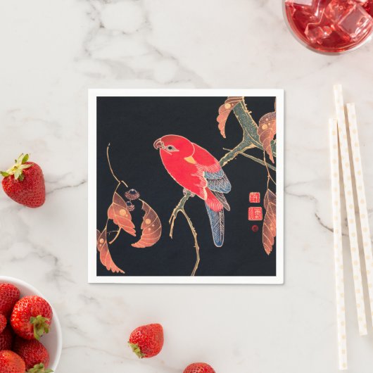 Red Parrot  Bird Japans Woodblock Print Servet (Insitu)