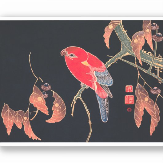 Red Parrot  Bird Japans Woodblock Print Sticker (Voorkant)
