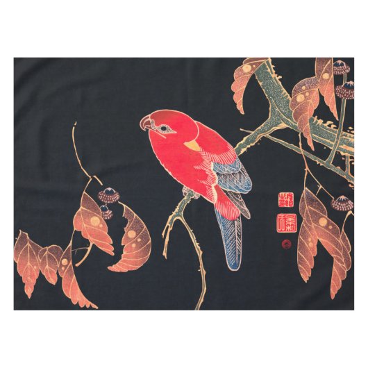 Red Parrot  Bird Japans Woodblock Print Tafelkleed (Voorkant (Horizontaal))