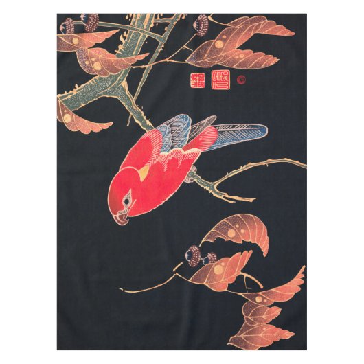 Red Parrot Bird Japans Woodblock Print Tafelkleed (Voorkant)