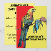 Red Parrot Birthday Childs Boys Invitation Yellow Kaart (Voorkant / Achterkant)