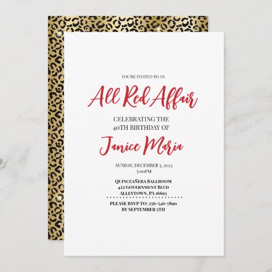 Red Party Leopard Birthday Uitnodiging (Voorkant / Achterkant)