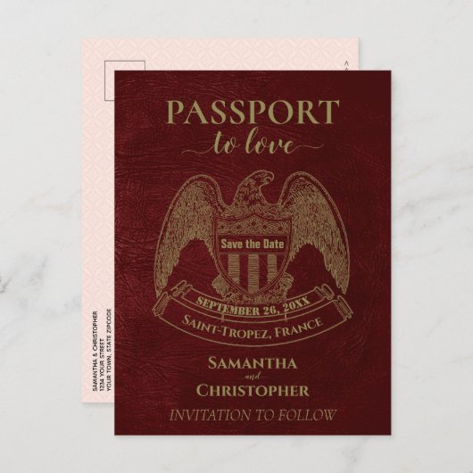 Red Passport Schattige Fun Wedding Save the Date Aankondigingskaart (Voorkant / Achterkant)
