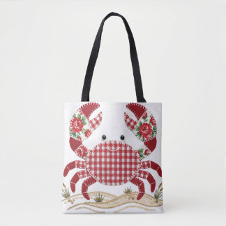 Red Patchwork Quilt Crab Tote Bag