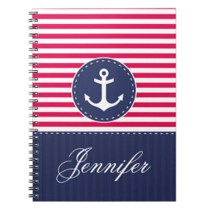Red Pattern Blue Anchor Persoonlijke naam Notitieboek