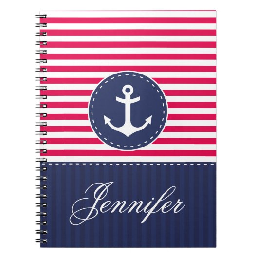 Red Pattern Blue Anchor Persoonlijke naam Notitieboek (Voorkant)