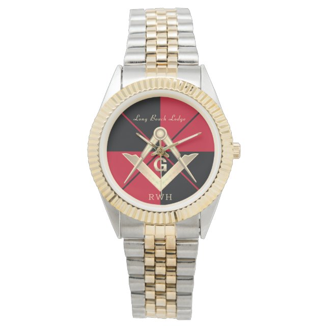 Red Pattern Monogram Masonic Lodge Watch Horloge (Voorkant)