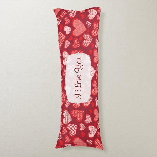 Red Patterned Ik hou van je Harten Lichaamskussen (Voorkant Verticaal)