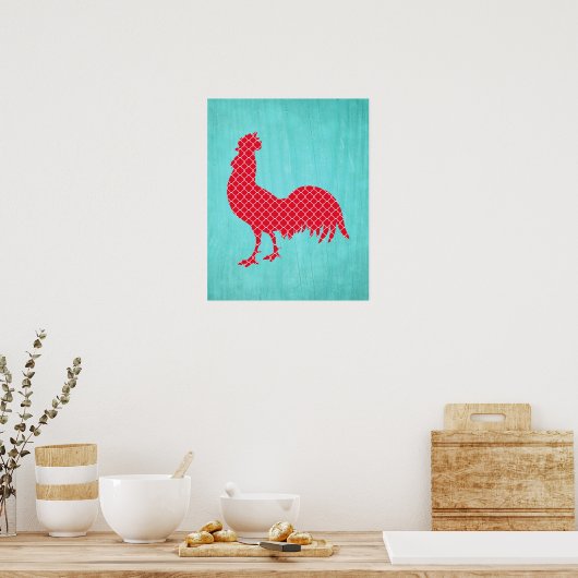Red Patterned Rooster Silhouette Poster (Keuken)
