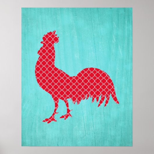 Red Patterned Rooster Silhouette Poster (Voorkant)