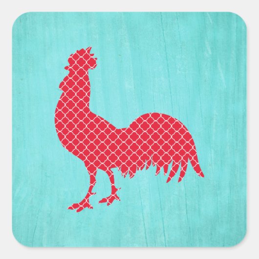Red Patterned Rooster Silhouette Vierkante Sticker (Voorkant)