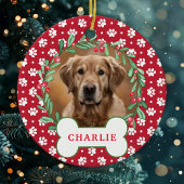 Red Paw Print Hond Foto Kerst Krans Keramisch Ornament