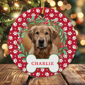 Red Paw Print Hond Foto Kerst Krans Keramisch Ornament