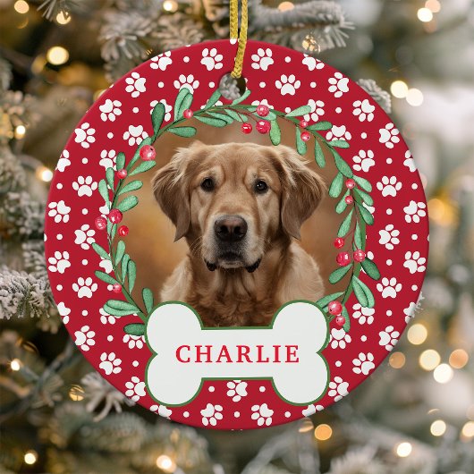 Red Paw Print Hond Foto Kerst Krans Keramisch Ornament