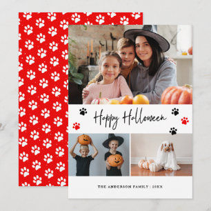 Red Paw Print Pet Photo Happy Halloween Kaart