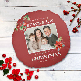 Red Peace and Joy Photo Christmas Rond Kussen