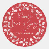 Red Peace Love+Joy Holly Wreath Ronde Sticker (Voorkant)