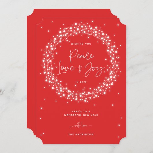 Red Peace Love+Joy Sparking Lights Feestdagenkaart (Voorkant / Achterkant)