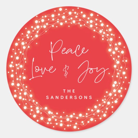Red Peace Love+Joy Sparking Lights Ronde Sticker (Voorkant)