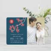 Red Peach bloesems Chinese Double Happiness Foto Save The Date (Staand voorkant)