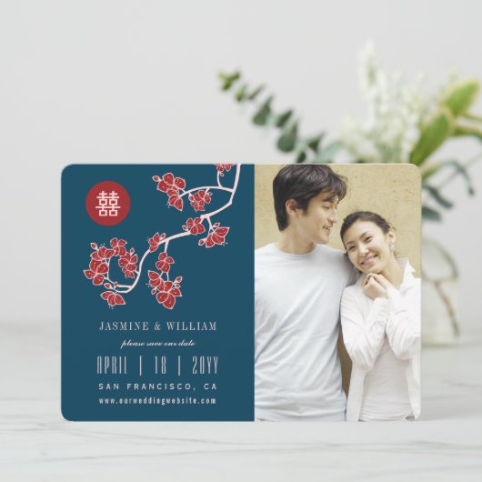 Red Peach bloesems Chinese Double Happiness Foto Save The Date (Staand voorkant)