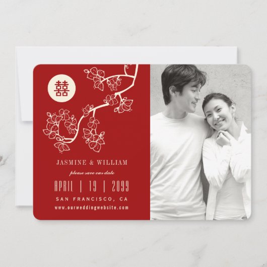 Red Peach bloesems Chinese Double Happiness Foto Save The Date (Voorkant)