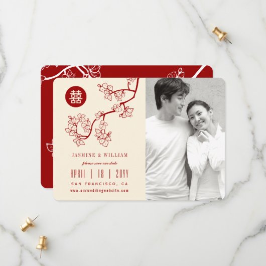 Red Peach bloesems Chinese Double Happiness Foto Save The Date (Voorkant / Achterkant in situ)