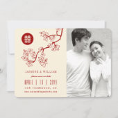 Red Peach bloesems Chinese Double Happiness Foto Save The Date (Voorkant)