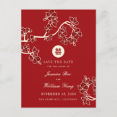 Red Peach bloesems Dubbel geluk sparen de datum Aankondigingskaart (Voorkant)