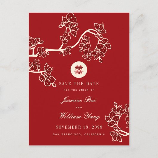 Red Peach bloesems Dubbel geluk sparen de datum Aankondigingskaart (Voorkant)